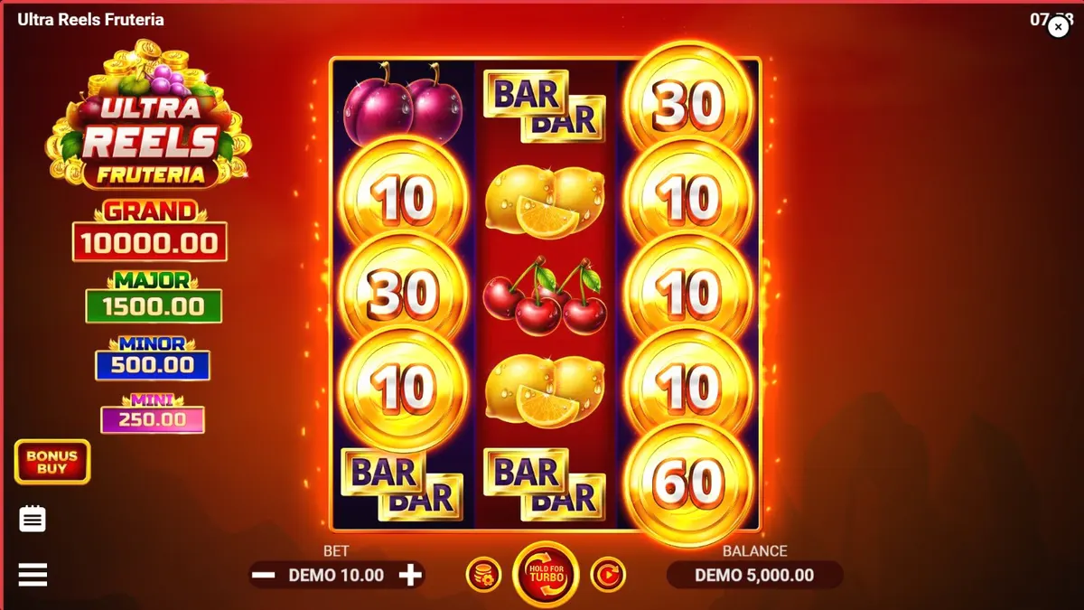 Ultra Reels Fruteria slot machine interface with vibrant fruit symbols and golden accents.
