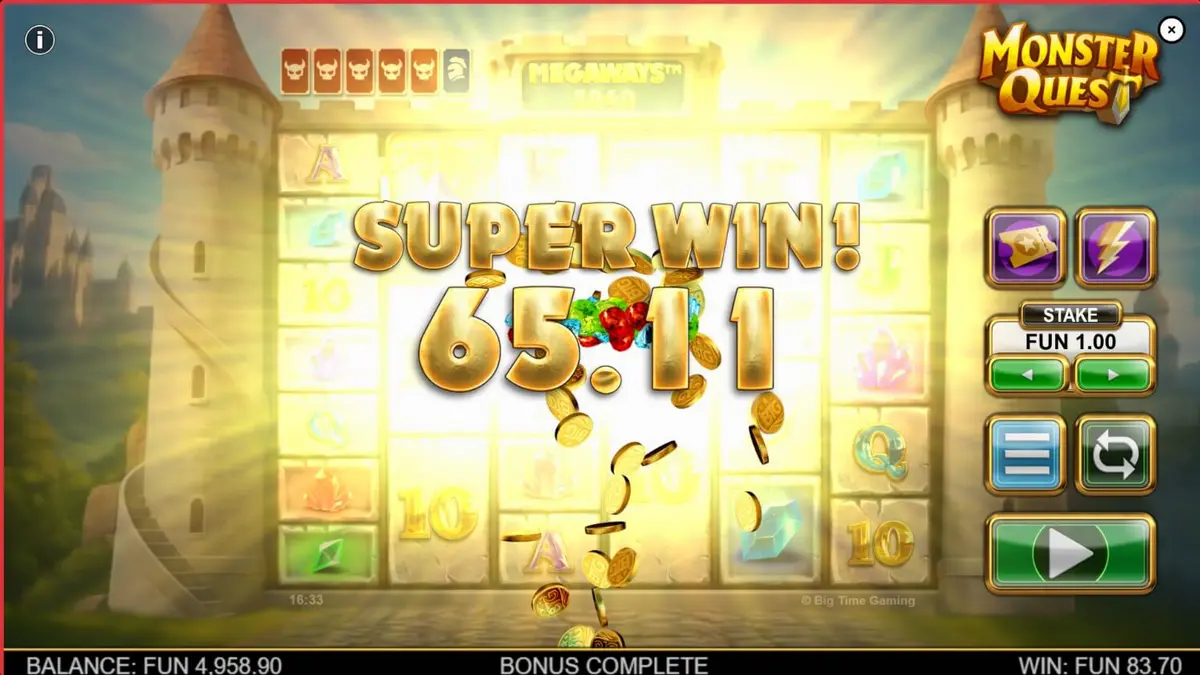 Ksatria menghadapi naga dalam slot Monster Quest dengan latar belakang kastil abad pertengahan.